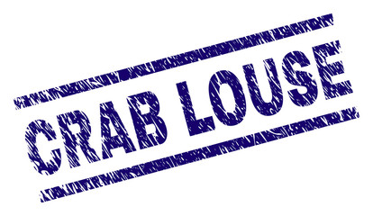 CRAB LOUSE seal print with scratced style. Blue vector rubber print of CRAB LOUSE text with grunge texture. Text tag is placed between parallel lines.