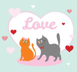 Valentine's day card with couple of cats.  Vector illustration of animals in love in cartoon flat style.