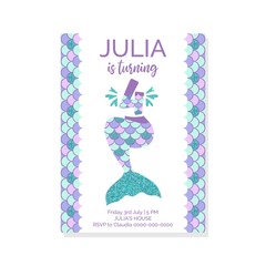 Cute birthday invitation for little mermaid Sea Party.Mermaid fourth birthday vector illustration 