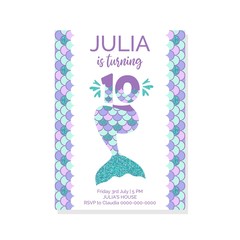 Cute birthday invitation for little mermaid Sea Party.Mermaid tenth birthday vector illustration 