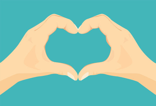 Heart shape hands. Vector icon with illustration of two palms making heart sign. Concept of love, romance, friendship, kindness and care. Flat style.