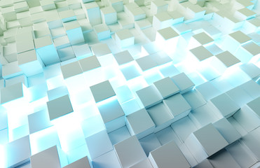 Glowing white and blue squares background pattern 3D rendering