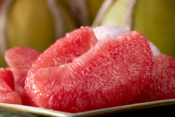 Delicious fruit, closeup red grapefruit flesh