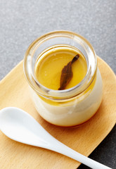 Delicious creamy pudding on a white background