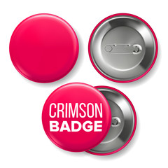 Crimson Badge Mockup Vector. Pin Brooch Crimson Button Blank. Two Sides. Front, Back View. Branding Design 3D Realistic Illustration