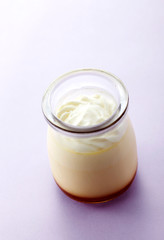 Delicious creamy pudding on a white background