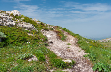 Fototapeta na wymiar Hiking path in Chatyr-Dah mountainous massif, Crimean peninsala