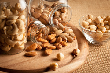 mix of nuts on a wooden table