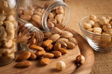 mix of nuts on a wooden table