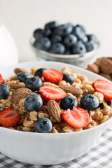 Healthy breakfast concept with oat flakes and fresh berries on rustic background. Food made of granola and muesli. Healthy banana smoothie with blackberries, honey and milk.