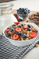 Healthy breakfast concept with oat flakes and fresh berries on rustic background. Food made of granola and muesli. Healthy banana smoothie with blackberries, honey and milk.