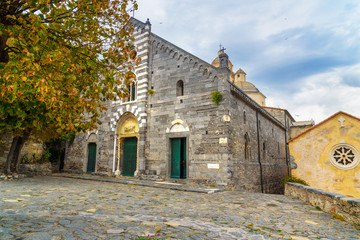 Fototapeta na wymiar Church of St. Lawrence in Portovenere or Porto Venere town on Ligurian coast. Italy