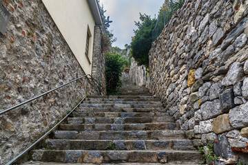 Old narrow street in Portovenere or Porto Venere town on Ligurian coast. Italy