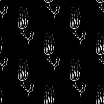 Abstract flowers with thin petals. Seamless pattern. White on black background.