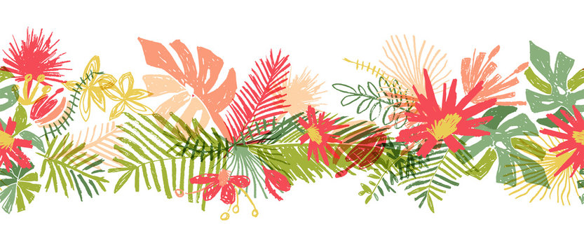 Tropical flower hand drawn border, illustration isolated on white background. Floral bouquet, exotic plant leaf, doodle style