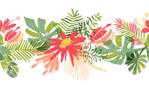 Tropical flower hand drawn header or border, illustration isolated on white background. Floral bouquet, exotic plant leaf, botanical composition in doodle style