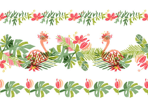 Tropical flower and flamingo bird, hand drawn tropic header or border line, illustration isolated on white background. Floral bouquet, exotic plant leaf and bird, lets flamingle