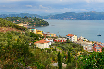 Fototapeta na wymiar View of Portovenere or Porto Venere town from Castle Doria on Ligurian coast. Italy