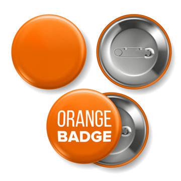 Orange Badge Mockup Vector. Pin Brooch Orange Button Blank. Two Sides. Front, Back View. Branding Design 3D Realistic Illustration