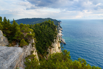 Cliff sea coast from Muzzerone mountain. Portovenere or Porto Venere town on Ligurian coast. Italy