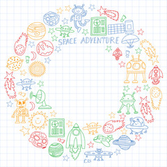 Vector set of space elements icons in doodle style. Painted, colorful, pictures on a sheet of checkered paper on a white background.