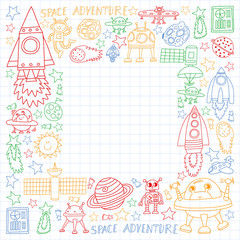 Vector set of space elements icons in doodle style. Painted, colorful, pictures on a sheet of checkered paper on a white background.