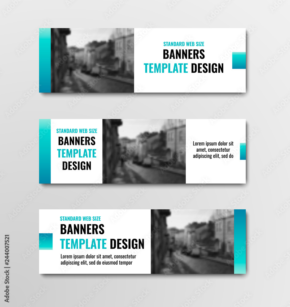 Poster design of horizontal white banners with blue elements and space for photo.