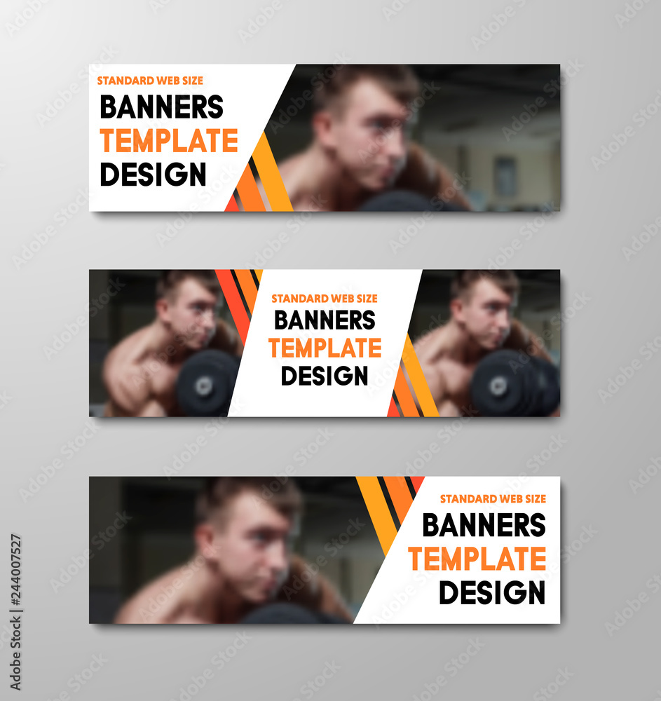 Poster Set of vector horizontal web banners with place for photo and orange diagonal lines.