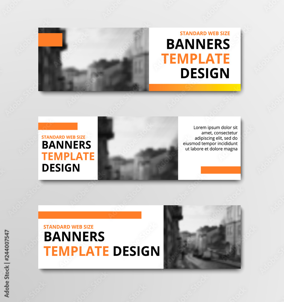Poster Templates of horizontal vector white banners with orange elements and place for photo. Design for web standard size. Set