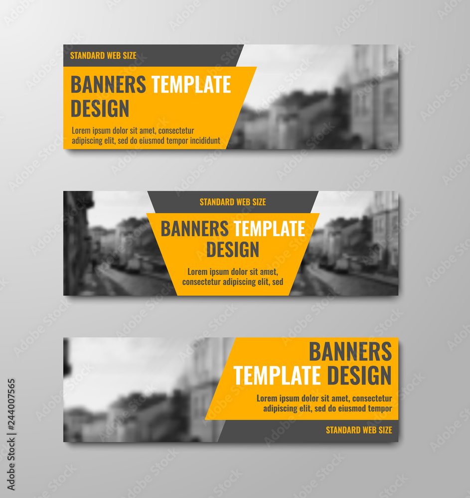 Poster Templates of horizontal vector banners with diagonal orange elements and space for photos.