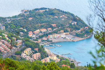 Fototapeta na wymiar View of Portovenere or Porto Venere town on Ligurian coast from from Muzzerone mountain. Italy
