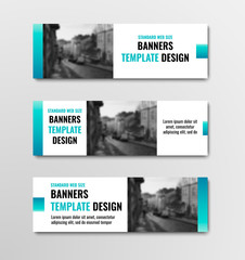 Naklejka premium Design of horizontal white banners with blue elements and space for photo.