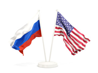 Two waving flags of Russia and United states