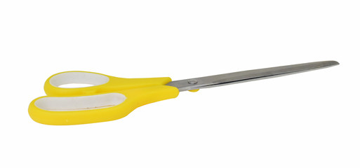 A yellow scissors on white background.