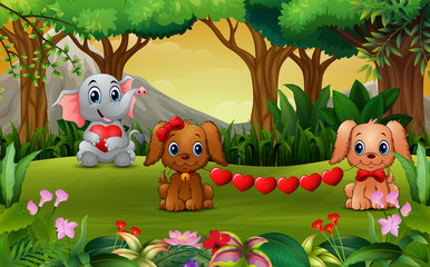Valentine day with elephant cartoon and the dog