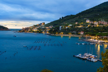Naklejka na ściany i meble View of Portovenere or Porto Venere town on Ligurian coast at night. Italy