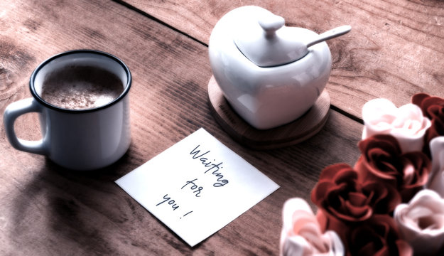 Coffee Cup And Roses Note Romantic Morning