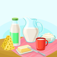 Dairy products, rural landscape with cow vector illustration, design element for poster or banner with ribbon and space for your text