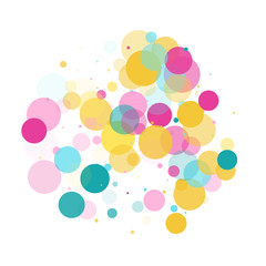 Memphis round confetti festive background in cyan blue, pink and yellow. Childish pattern vector.