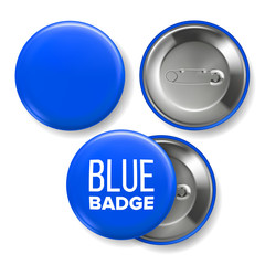 Blue Badge Mockup Vector. Pin Brooch Blue Button Blank. Two Sides. Front, Back View. Branding Design 3D Realistic Illustration