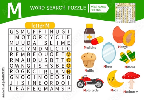 "Words puzzle children educational game. Learning vocabulary. Letter M
