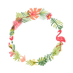 Tropical flower and flamingo bird wreath. illustration isolated on white background. Floral paradise, jungle border