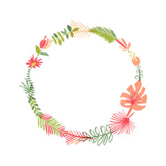 Fototapeta na wymiar Hand drawn tropical flower composition, tropic wreath. illustration isolated on white background. Floral paradise, exotic plant leaf border