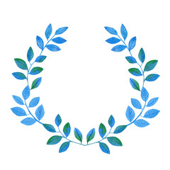 Wreath from fantasy watercolor hand drawn leaves in blue&green colors. Isolated on white background
