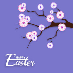 Illustration of floral branch on purple background for Happy Easter celebration concept.