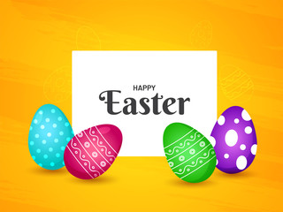 Happy Easter festival celebration banner or poster design with illustration of colorful easter eggs on orange texture background.