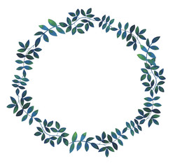 Frame from fantasy watercolor hand drawn leaves in blue and green colors. Isolated on white background