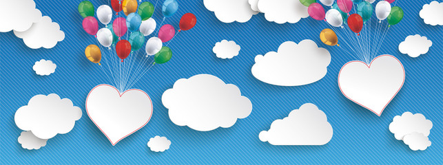 Paper Clouds Striped Blue Sky Balloons Hearts Header