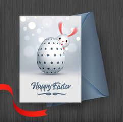 Happy Easter greeting card design, illustration of cute little bunny with easter eggs on grey bokeh background.