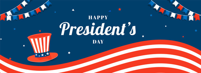 Happy President's Day header or banner design with illustration of uncle sam hat in USA flag color.